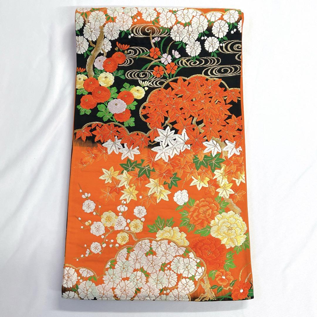 袋帯　唐織　金糸　観世水　八重桜　梅　楓　菊　牡丹　着物　帯　018k 袋帯 唐織 金糸 観世水 八重桜 梅 楓 菊 牡丹 着物 帯 018k