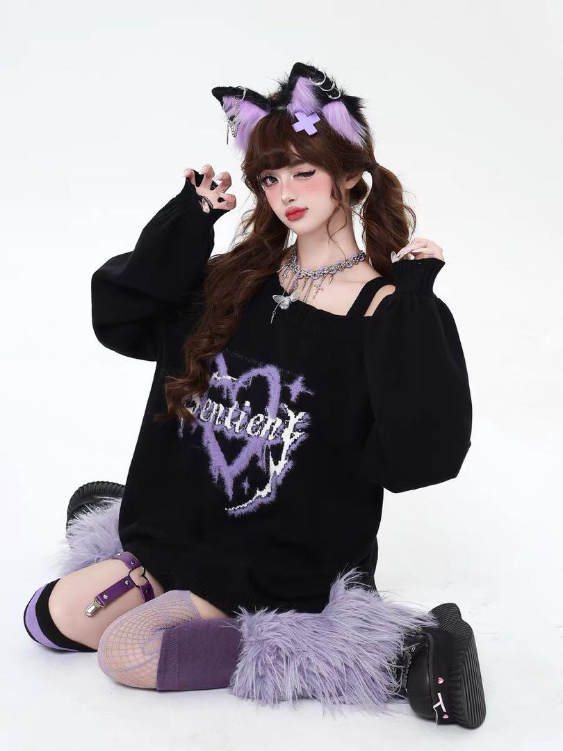crazygirlハートプリントオフショルダー長袖スウェット