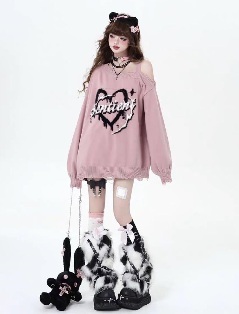 crazygirlハートプリントオフショルダー長袖スウェット