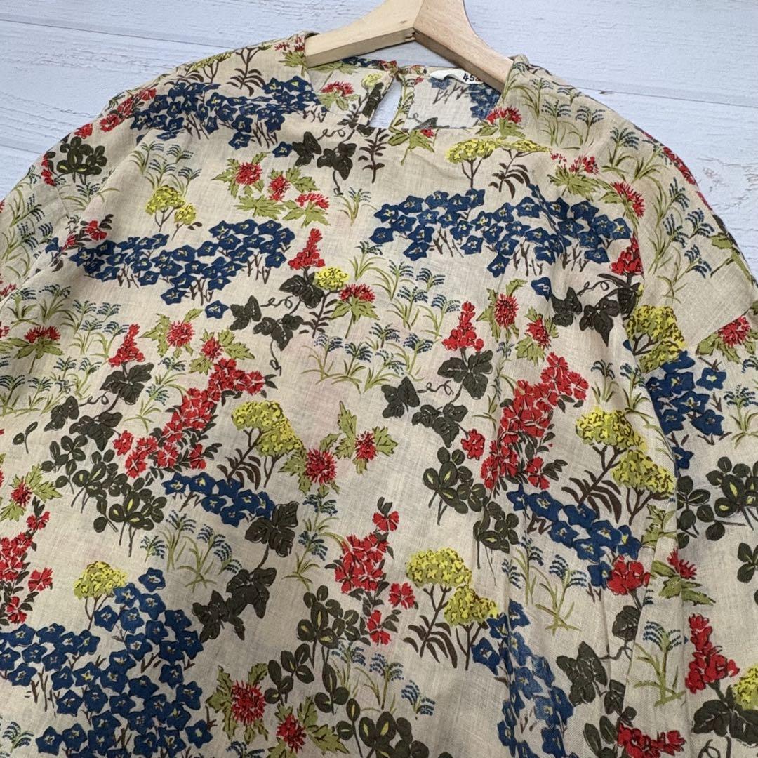 極美品✨45R インディゴ 秋の七草 抜染 プリント ワンピース