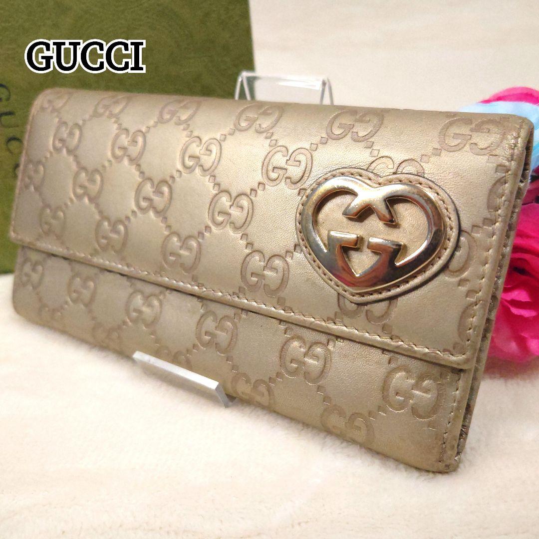【美品】グッチ 長財布 GG シマ ラブリーハート インターロッキング レザー