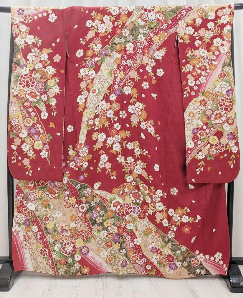赤地花柄振袖と帯セット