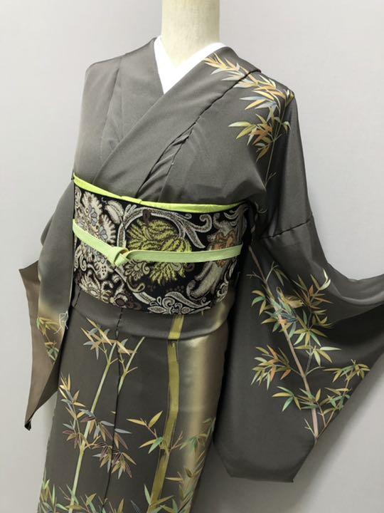 古代草木琥珀染❣️【草木琥珀友禅⭐️田村哲彦訪問着】墨色×栗色 グレイ 画像2