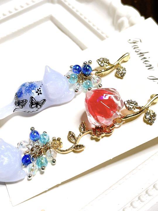 低価正規店 handmade ♡ 鬼灯と青い彼岸花にゃんこのピアス pKvao-m23113236761 SALE大得価