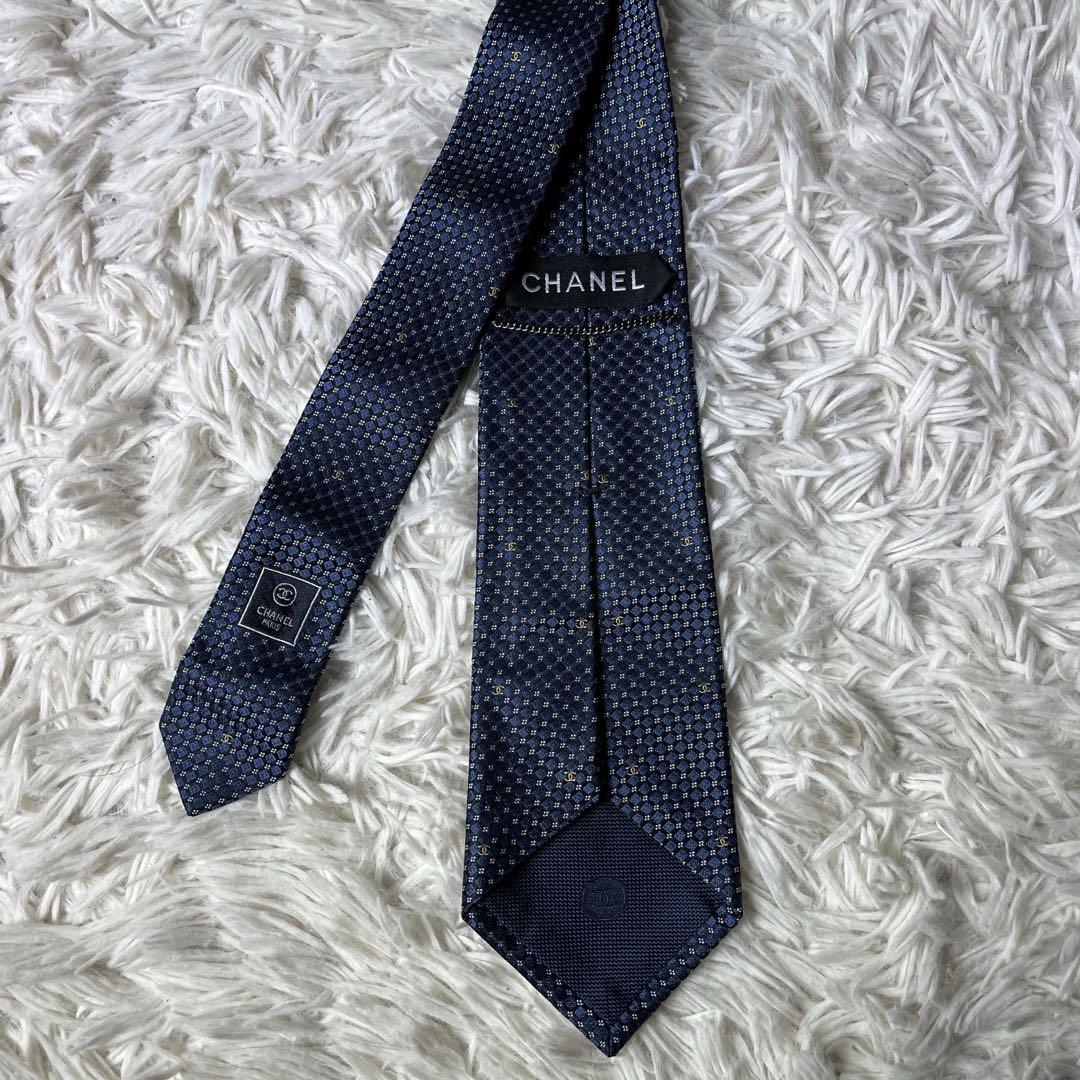 【美品✨】CHANEL ココマーク ネクタイ ネイビー ドット柄 総柄 シルク