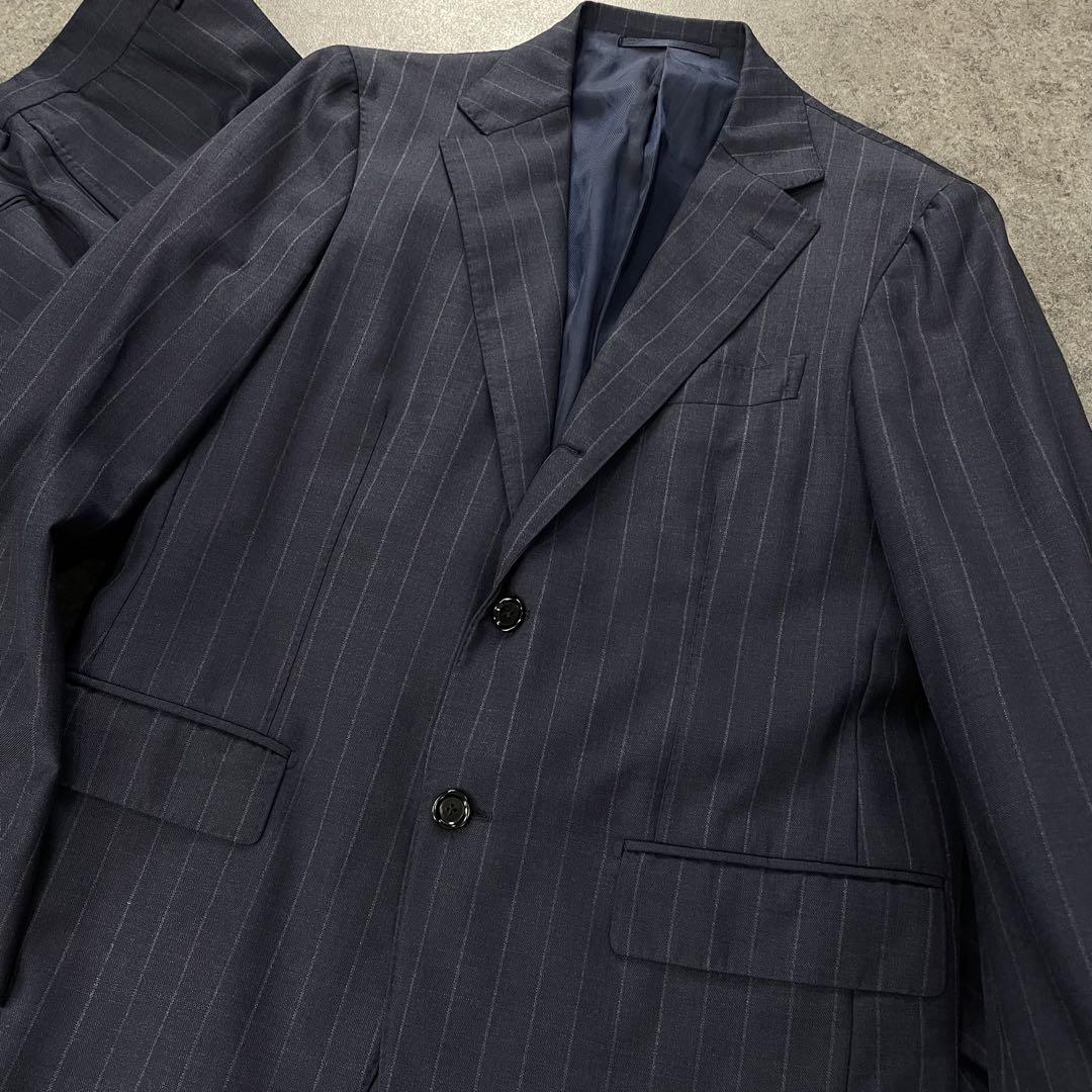 日本製 BEAMS F セットアップ スーツ 上下 ウール ストライプ 紺 48