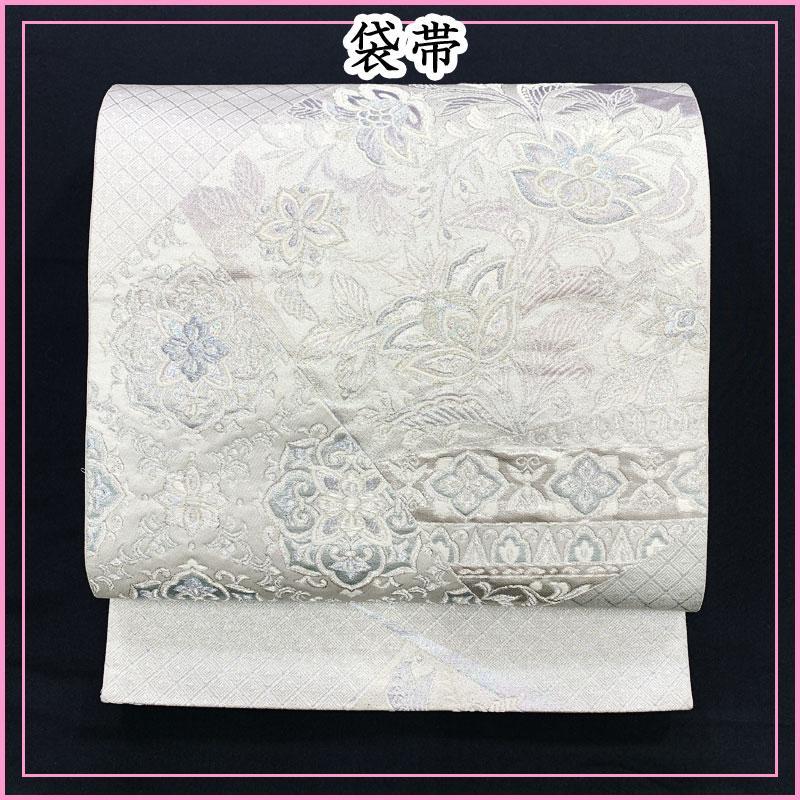 212y4◆華やか！ラメ袋帯 六通 桜 雪輪 七宝文◆美品 成人式 結婚式 507y4☆袋帯 六通 銀糸 ラメ 寄せ柄 唐花 唐草 白銀☆美品 成人