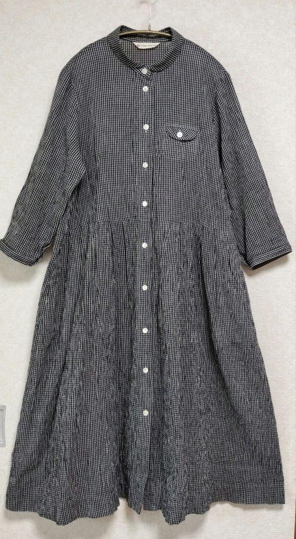 美品　コットンハウスアヤ　楊柳コットンリネン涼しいタックワンピース日本製