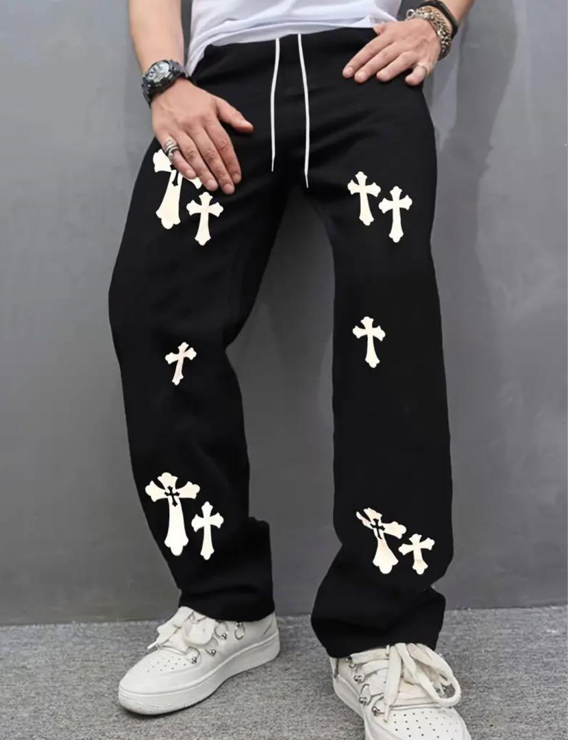 黒スウェット×レザークロスパッチ　HipHopデザイン｜男女兼用｜大人気アイテム