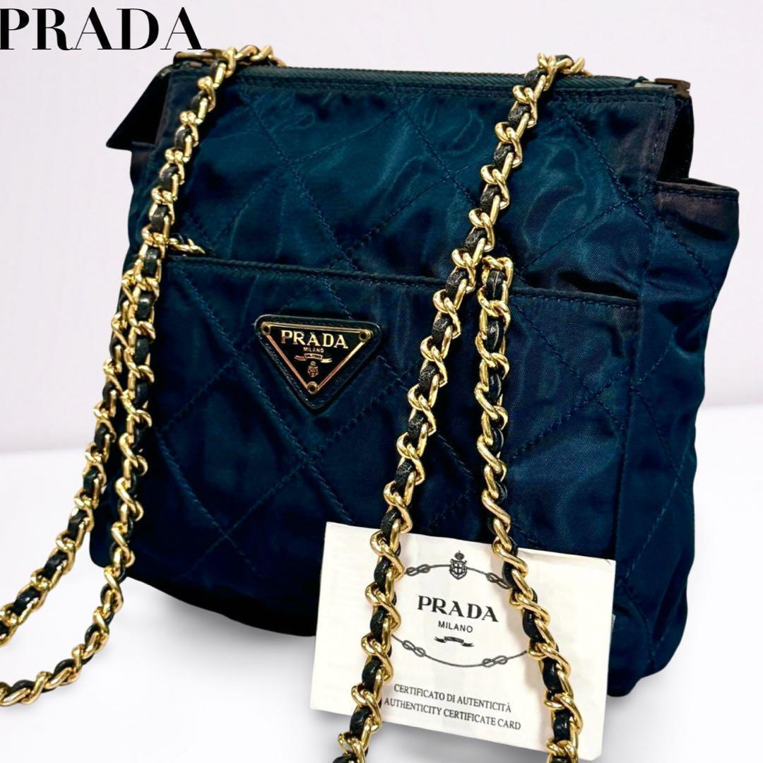 【美品・正規品】PRADA プラダ キルティング チェーンショルダーバッグ 濃紺