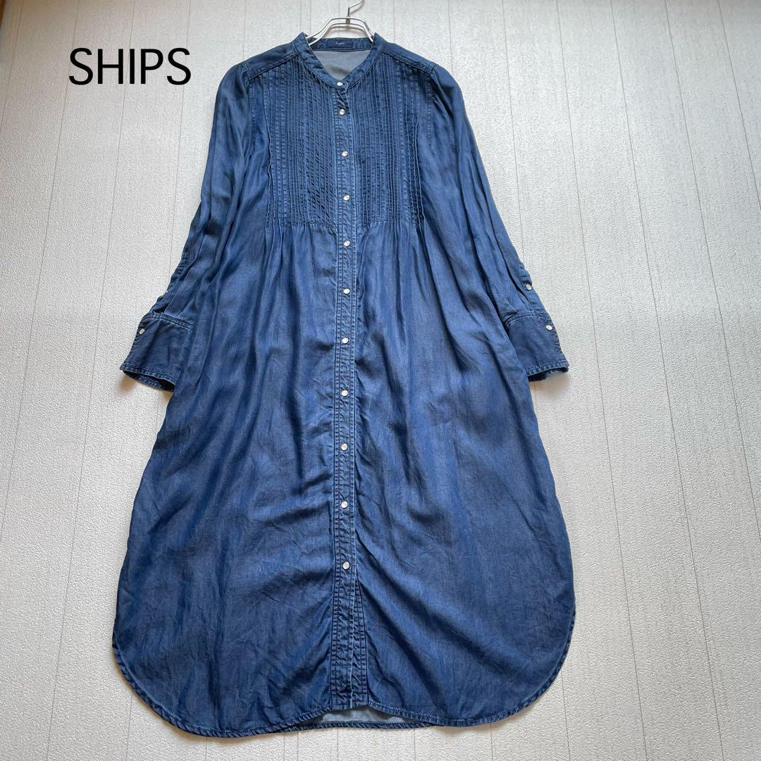 SHIPS スナップボタンピンタックデニムワンピース　ブルー　F