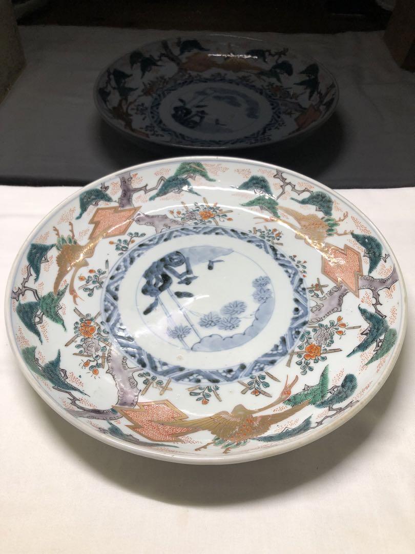 彩絵大皿。松鶴文。彩絵。古美術。骨董品。美品。舊家蔵出し。
