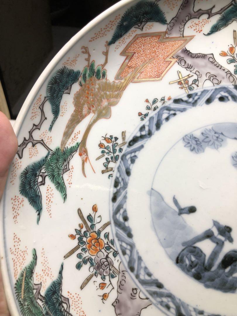 彩絵大皿。松鶴文。彩絵。古美術。骨董品。美品。舊家蔵出し。
