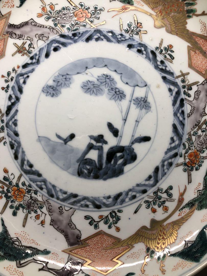 彩絵大皿。松鶴文。彩絵。古美術。骨董品。美品。舊家蔵出し。