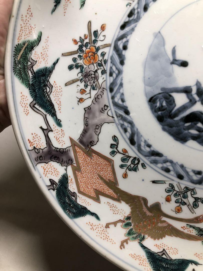 彩絵大皿。松鶴文。彩絵。古美術。骨董品。美品。舊家蔵出し。