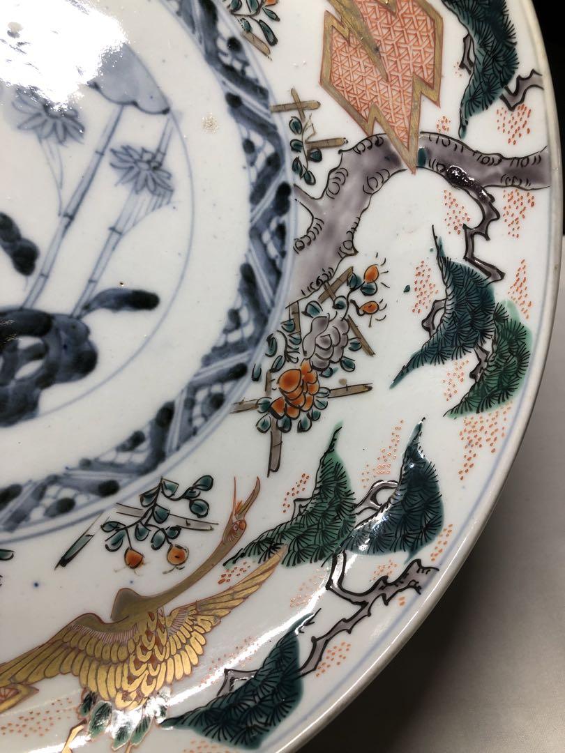 彩絵大皿。松鶴文。彩絵。古美術。骨董品。美品。舊家蔵出し。