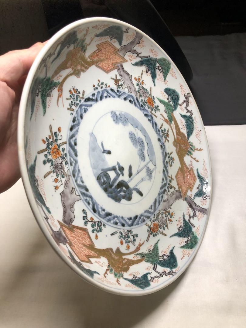彩絵大皿。松鶴文。彩絵。古美術。骨董品。美品。舊家蔵出し。