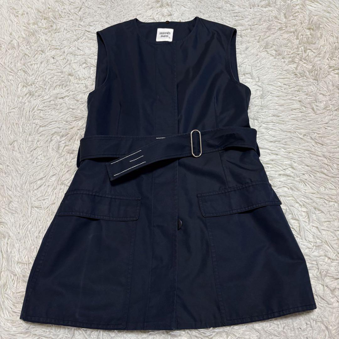 希少 S 34 HERMES 2way トレンチコート ネイビー ショート丈