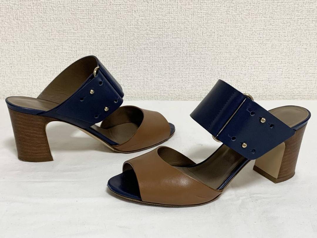 希少美品 エルメス レザー バイカラー ミュール サンダル ヒール 35 1/2