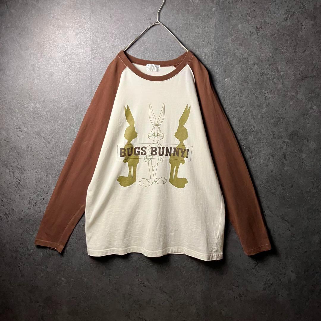 shirt　ラグランシャツ　長袖　ビッグサイズ　白　ブラウン　アニメキャラ