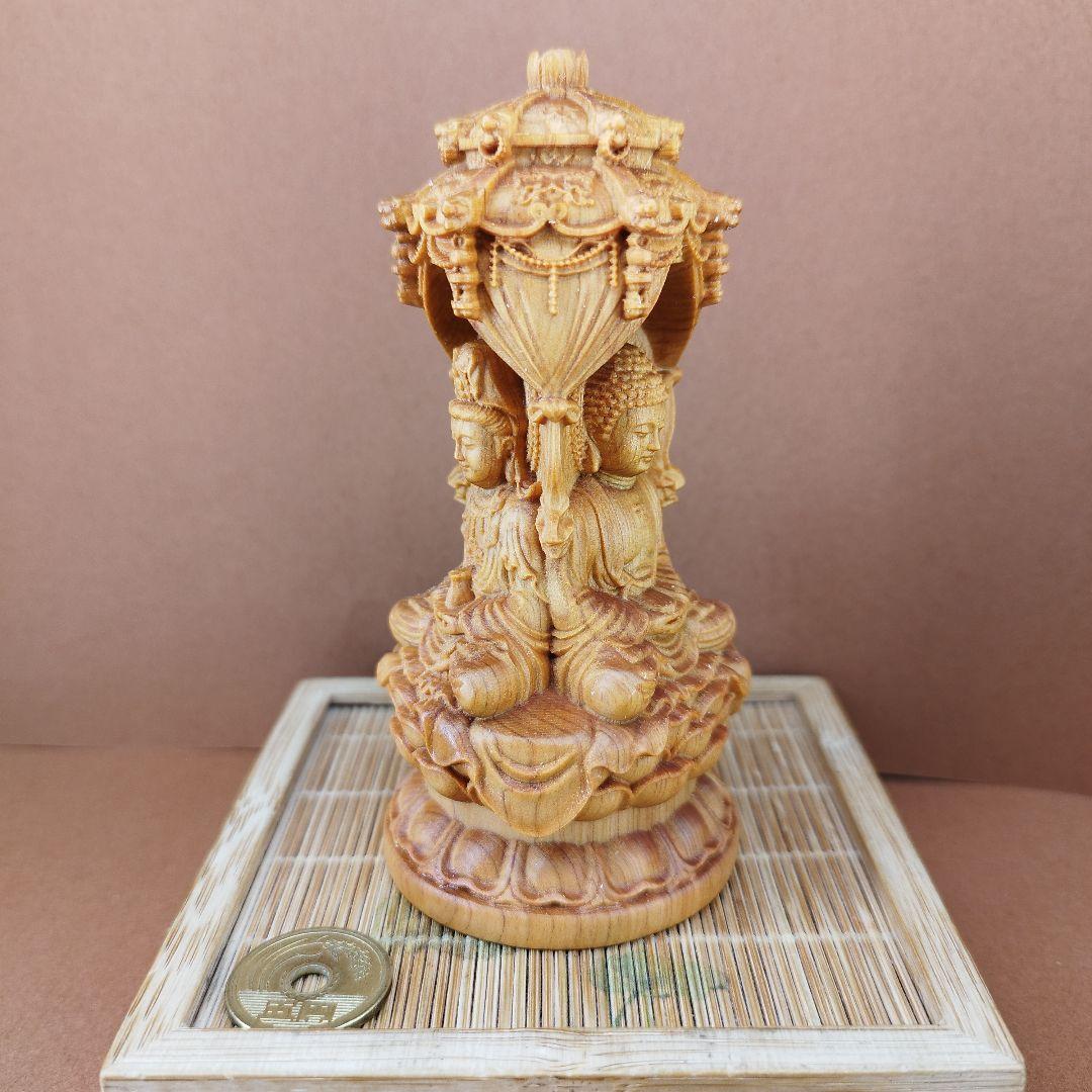 崖柏木精細彫刻阿弥陀三尊一体坐像《整理番号:BU006》