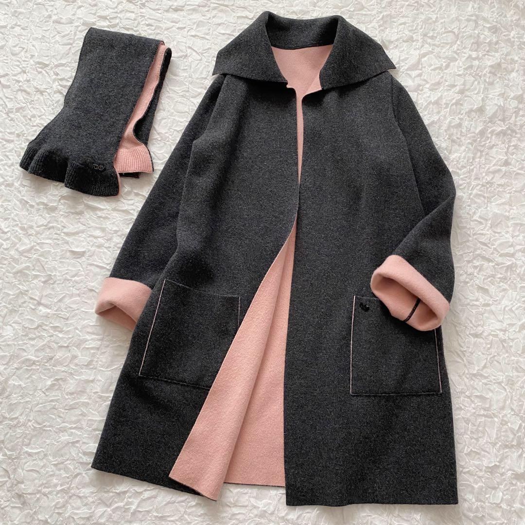 Foxey リバーシブルコート　お値下げ検討致します！ FOXEY マフラー付き カシミヤ100% ニットコート リバーシブル - メルカリ