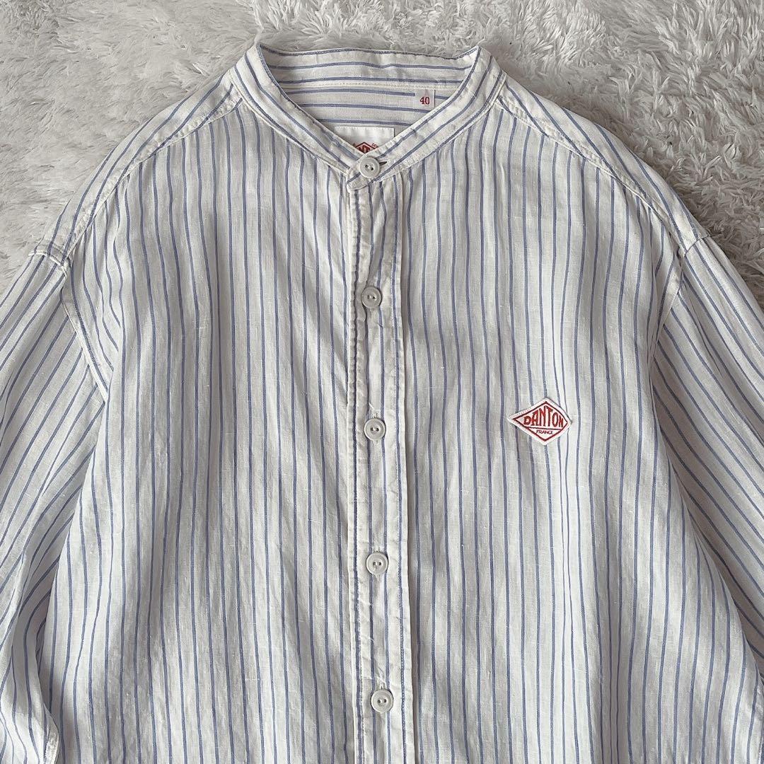 【美品】DANTON ダントン リネンシャツ バンドカラー ストライプ 白×水色