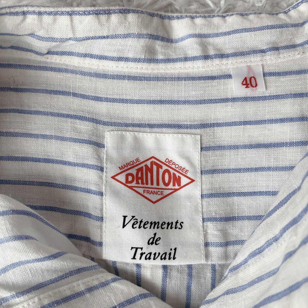 【美品】DANTON ダントン リネンシャツ バンドカラー ストライプ 白×水色