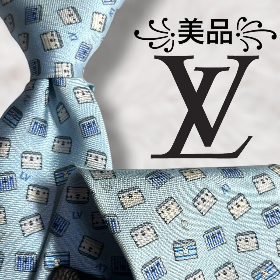 【美品✨】ルイヴィトン 水色 青 総柄 LVロゴ メンズ ネクタイ