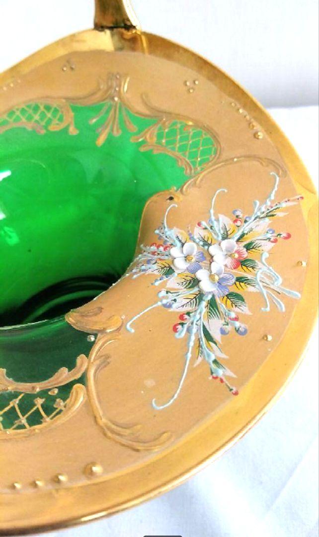 ベネチアンガラス バスケット グリーン　金 　花器　インテリア　置物　美術品