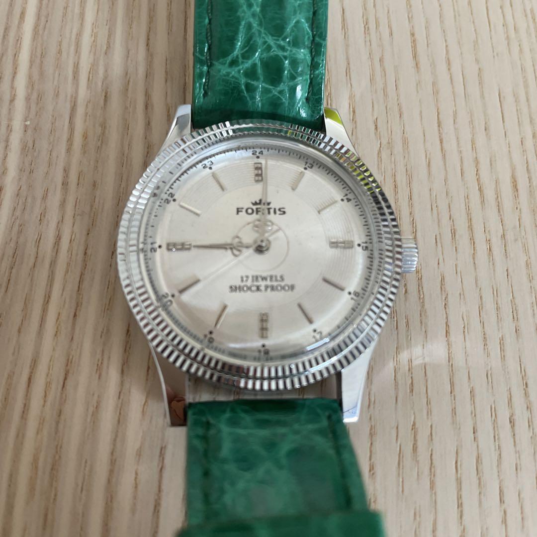 FORTIS 手巻き時計 グリーンレザー