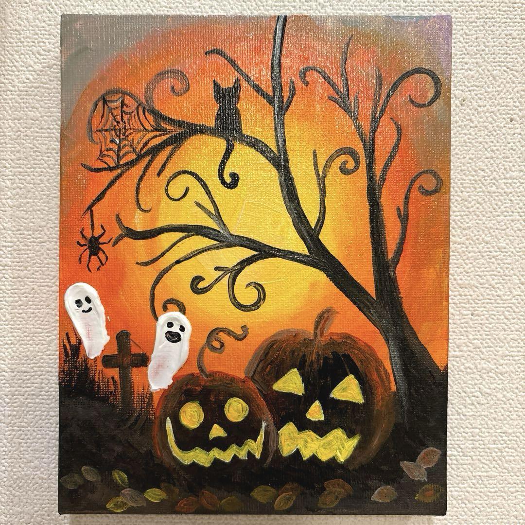 ハロウィン 子猫とジャック・オー・ランタンの絵画ハンドメイドパステル画アート原画 ハロウィン 子猫とジャック・オー・ランタンの絵画ハンドメイ