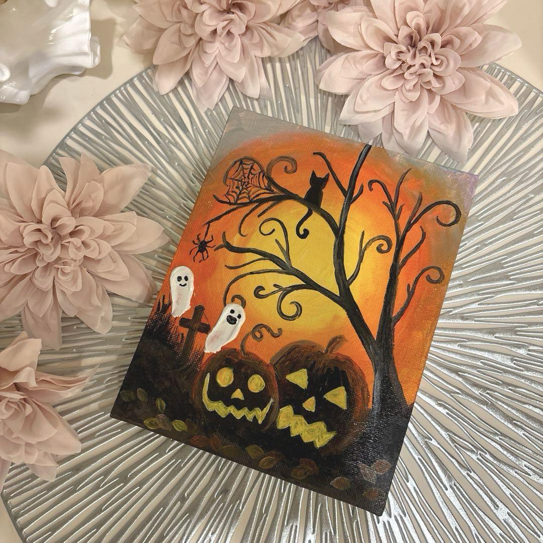 「ハロウィン　キャット」油絵　原画　オリジナル　１点物　絵画 ハロウィン キャット」油絵 原画 オリジナル 1点物 絵画