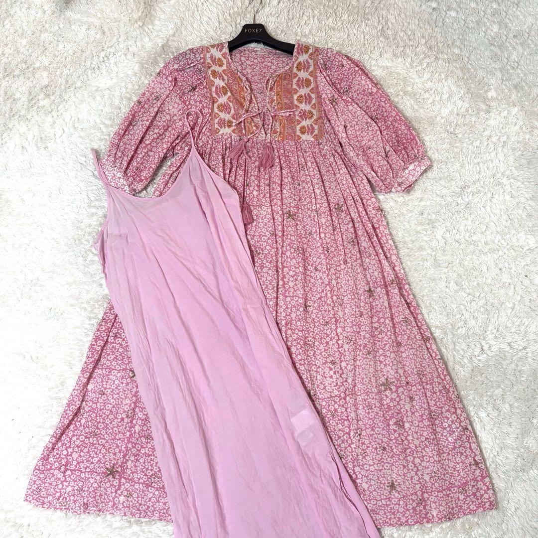 美品✨ Freada インド木版スモックワンピース ロング ピンク