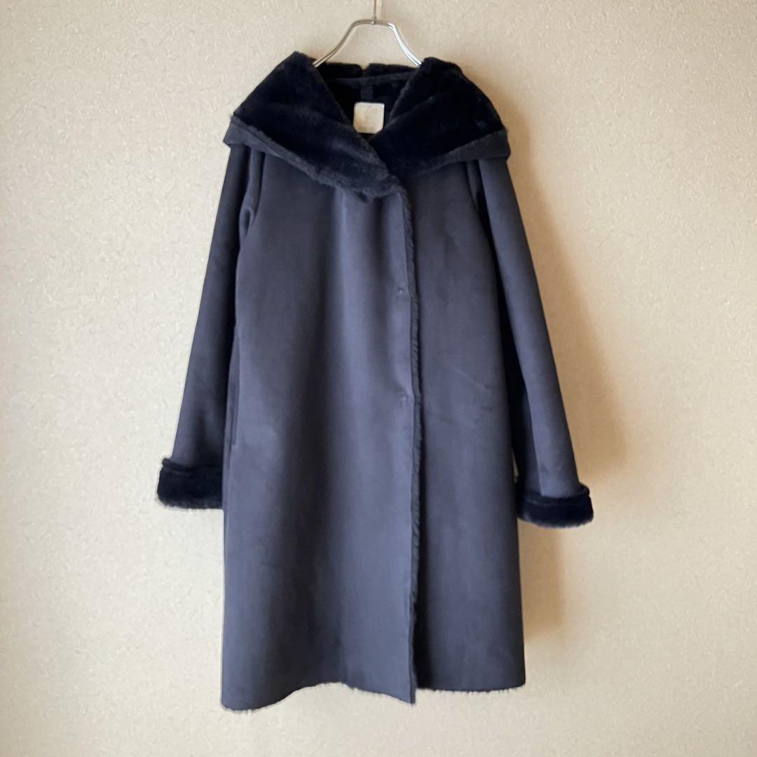 アース　ムートンコート　ロングコート　裏ボア　ネイビー　シンプル　F 美品　良品