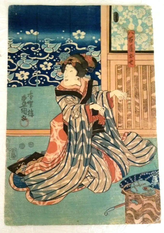 浮世絵、役者絵三枚綴りの内の１枚売り。歌川国貞画(三代豊国）