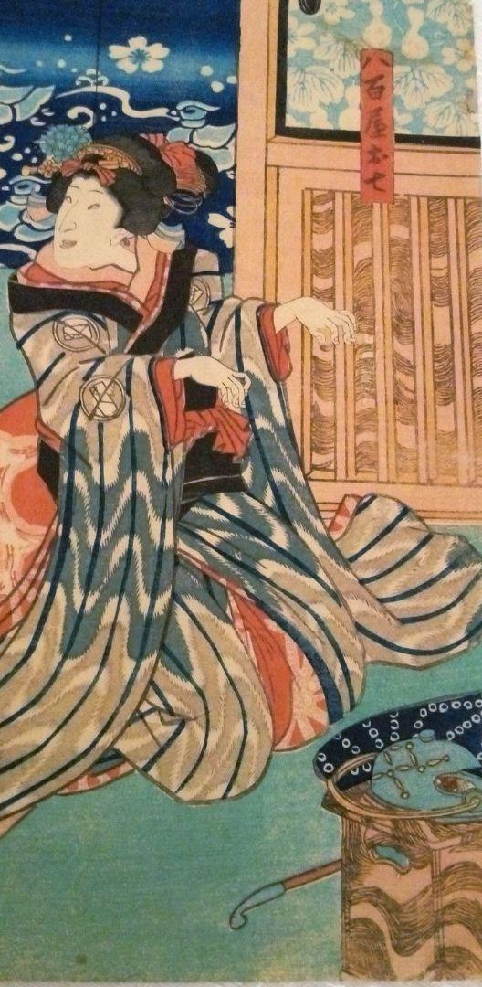 浮世絵、役者絵三枚綴りの内の１枚売り。歌川国貞画(三代豊国）