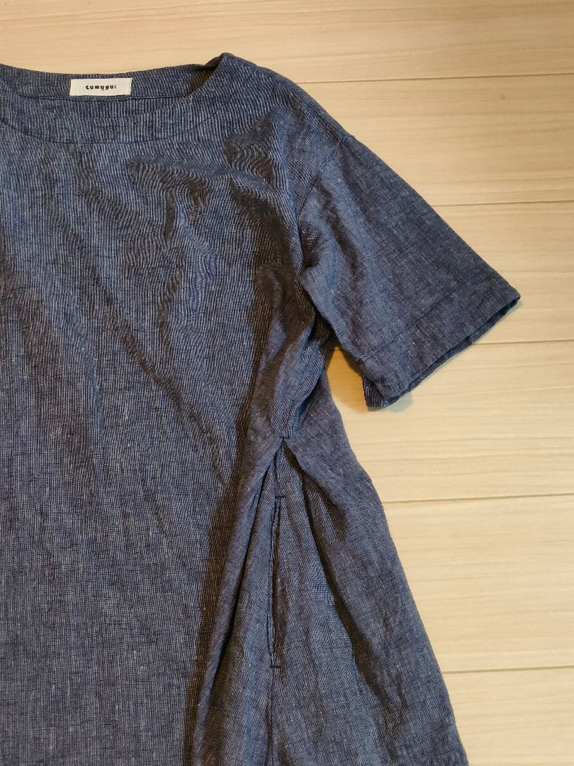 tumugu: ブルー サイドギャザー ワンピース