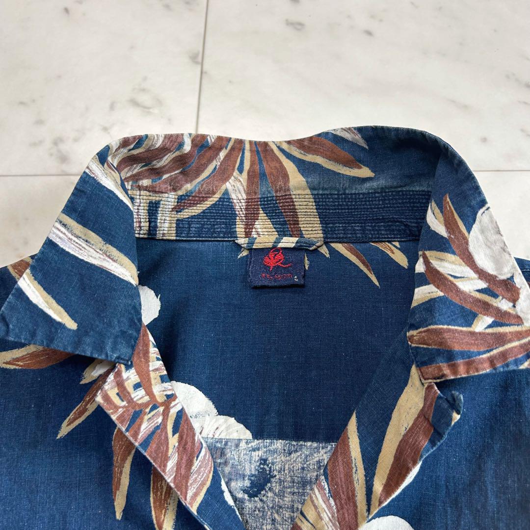 45R インディゴ アロハシャツ 花柄 オープンカラー 半袖 5 R 刺繍