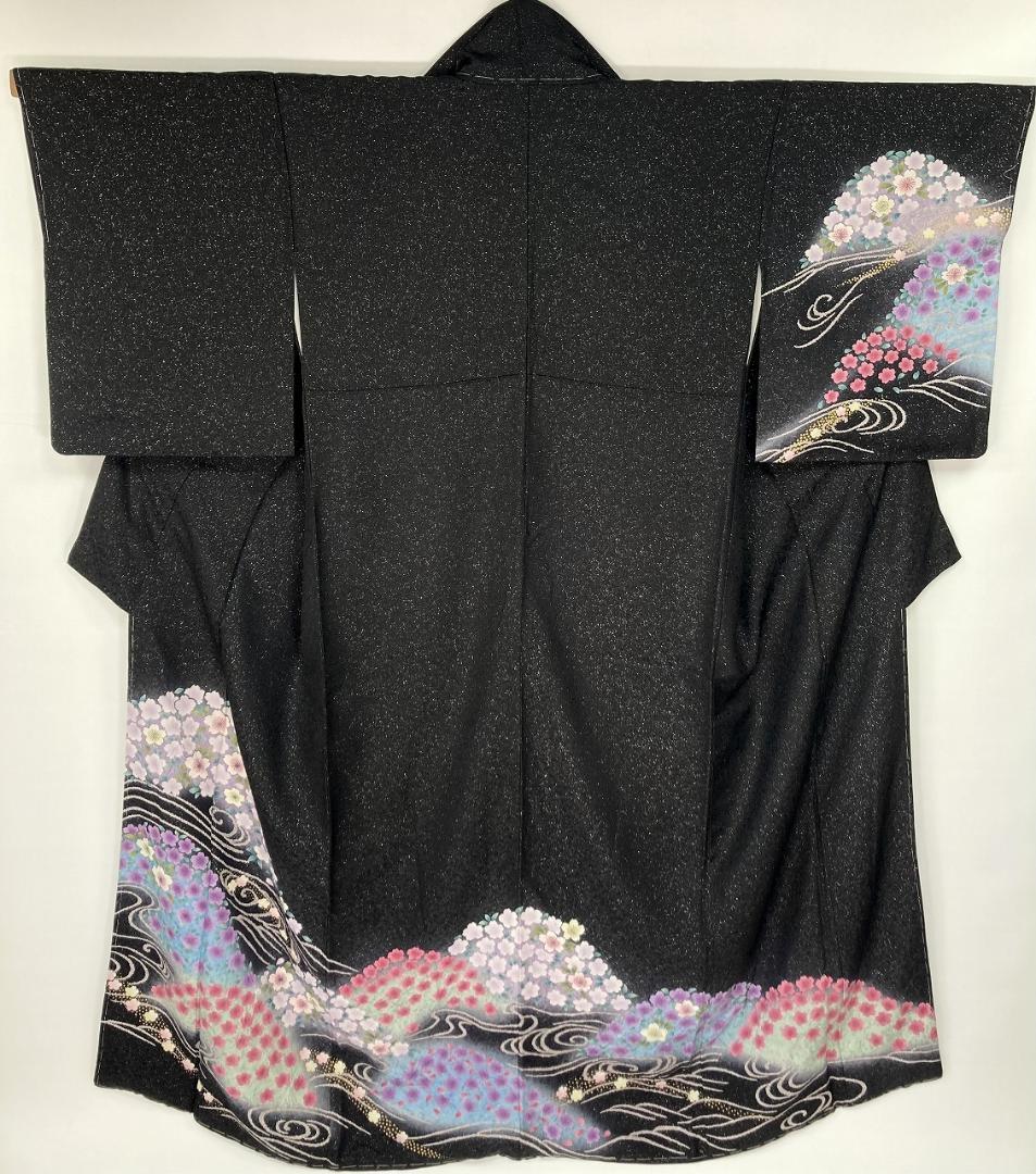 銀通し 桜の花 絞り 美品 訪問着 正絹 袷 黒 ピンク 紫 1370 銀通し 桜の花 絞り 美品 訪問着 正絹 袷 黒 ピンク 紫 1370