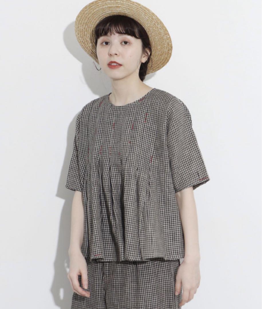 l'atelier du savon 手仕事刺繍 ギンガム リネンタックブラウス