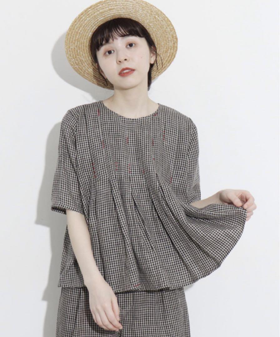 l'atelier du savon 手仕事刺繍 ギンガム リネンタックブラウス
