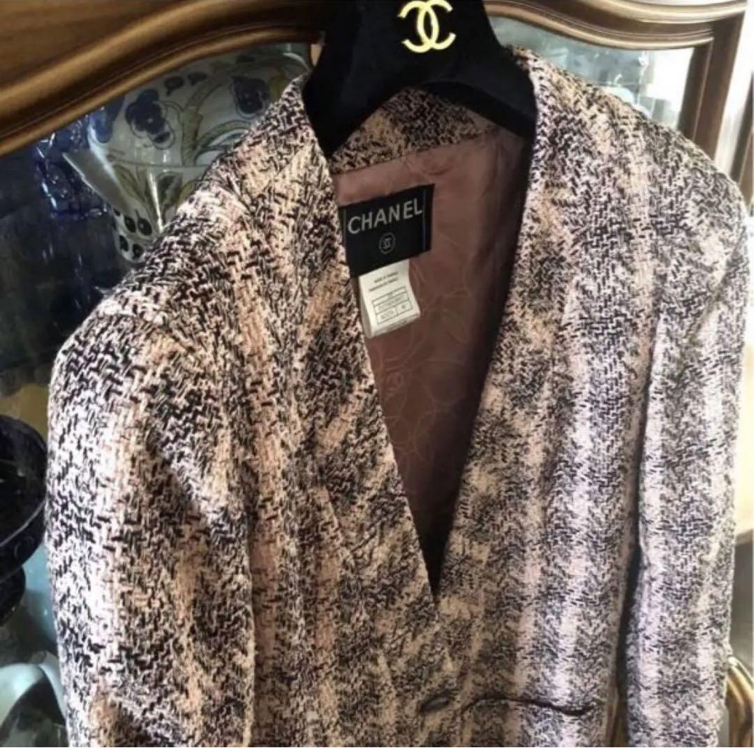 CHANELシャネル COCOマークボタンツイートノーカラー裾チェーンジャケット