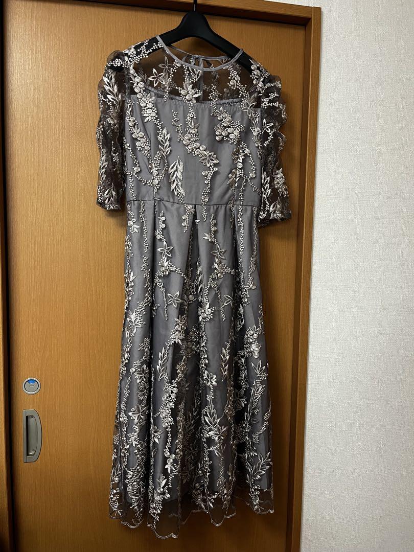 niana 刺繍レース バックリボン パーティードレス シルバー　S