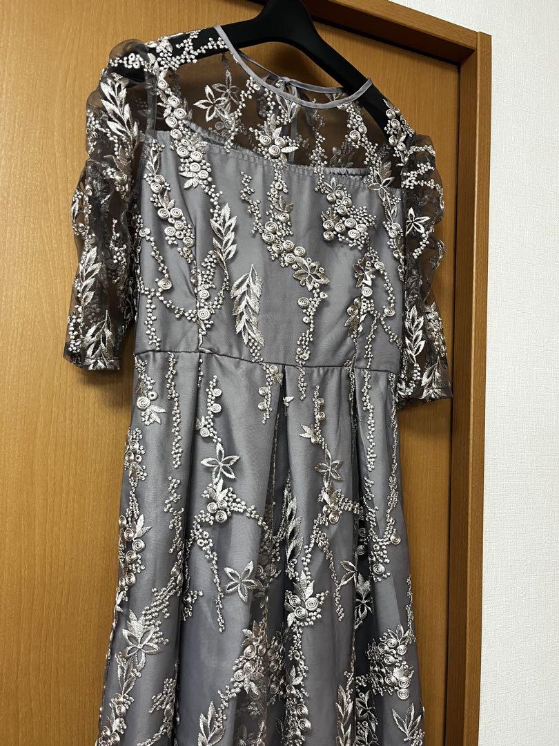 niana 刺繍レース バックリボン パーティードレス シルバー　S