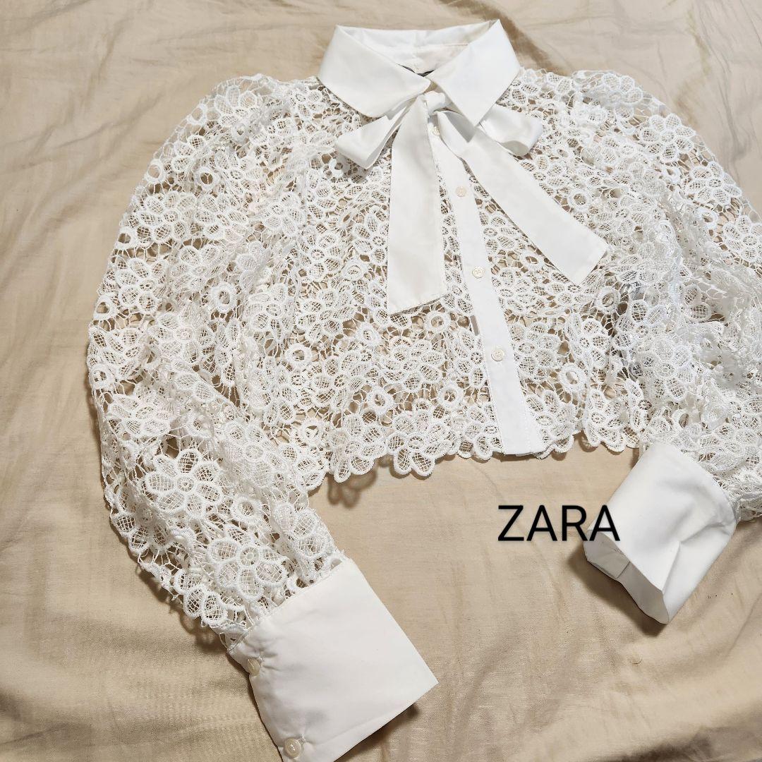 ZARA ケミカルレース ボウタイリボン付きショート丈ブラウス 白 海外S