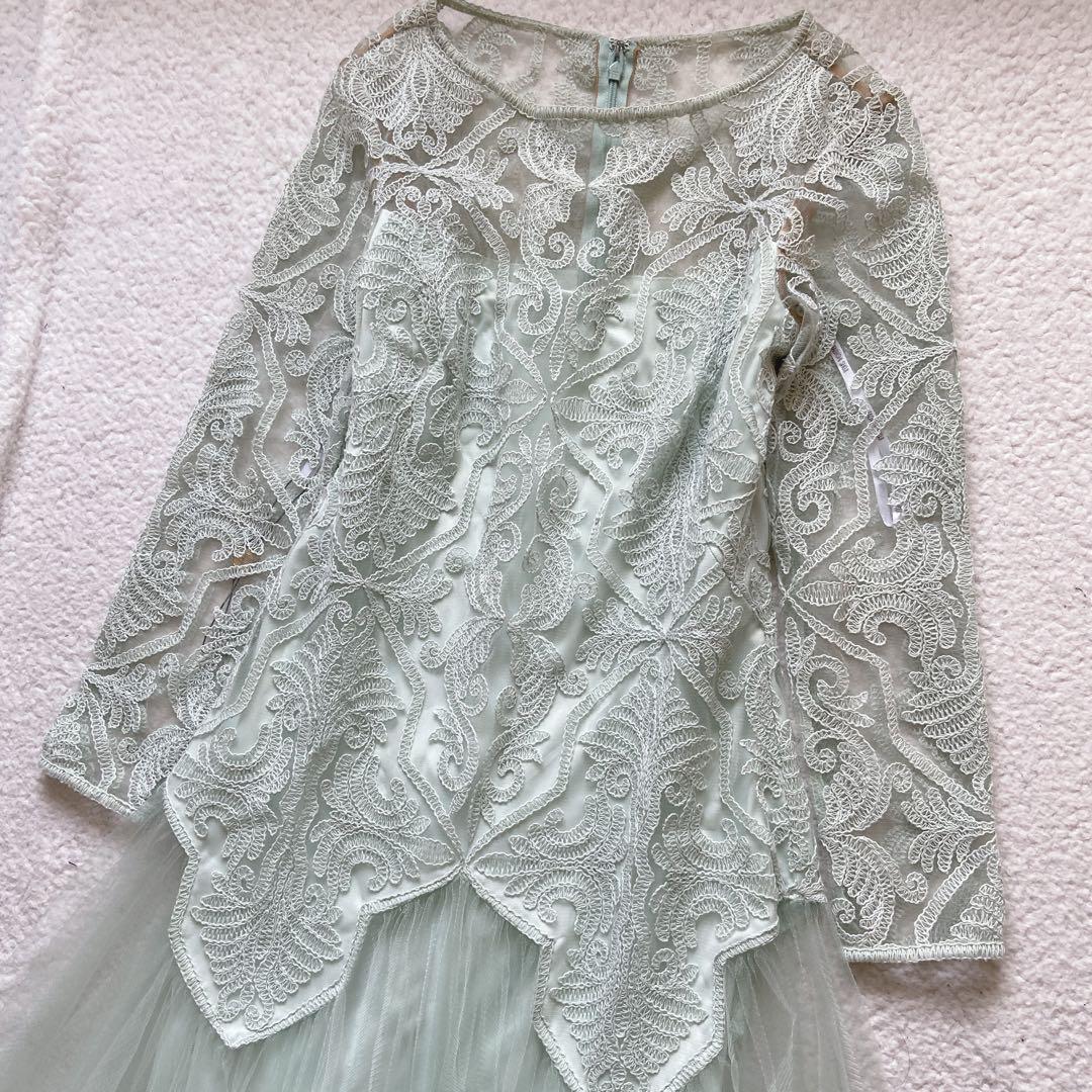 タダシショージ　マキシ丈ドレス　レース刺繍　ボリュームチュール　2/s 長袖 緑