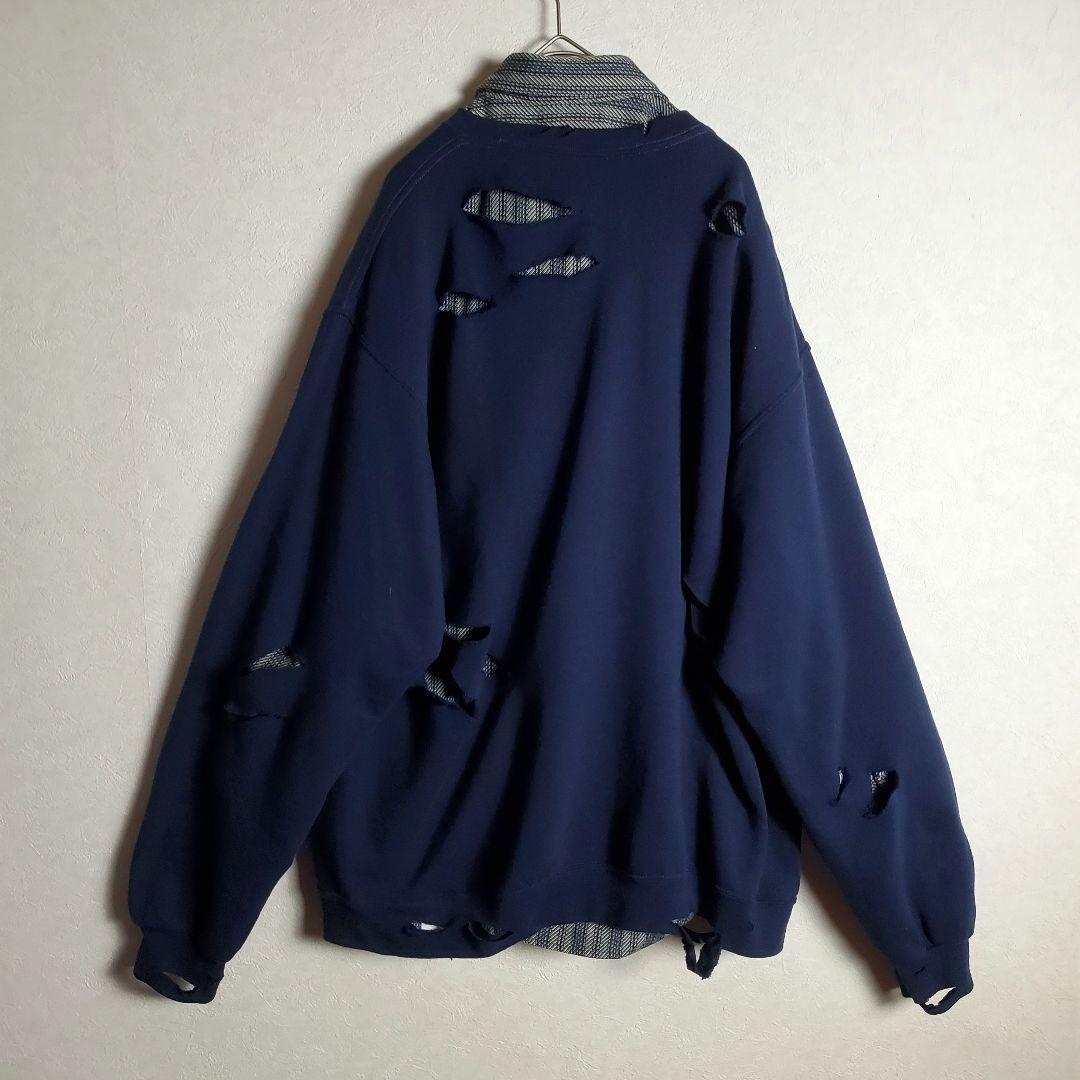 ネクタイシャツ×ボロスウェット ネイビー グレー ストライプ 柄ネクタイ 古着 ネクタイシャツ×ボロスウェット ネイビー グレー ストライプ 柄ネクタイ 古着