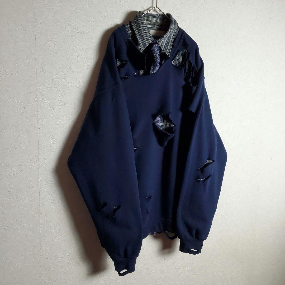 ネクタイシャツ×ボロスウェット ネイビー グレー ストライプ 柄ネクタイ 古着 ネクタイシャツ×ボロスウェット ネイビー グレー ストライプ 柄ネクタイ 古着