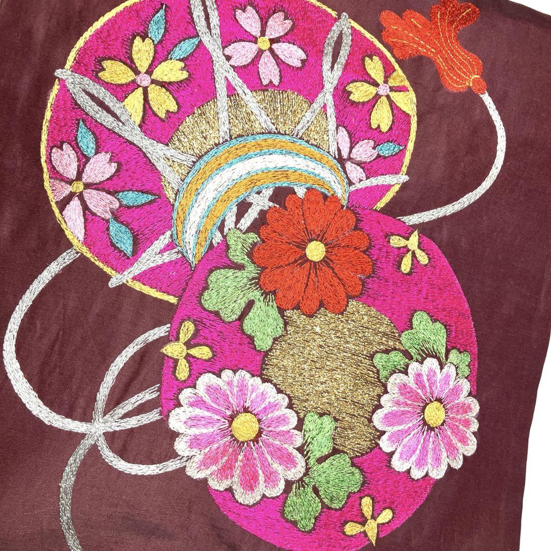 絹 名古屋帯☆アンティーク 日本刺繍 総刺繍 花鼓 大正浪漫 お太鼓柄 九寸帯